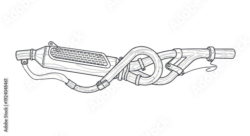 Stylized motorcycle exhaust system line art illustration on a white background.