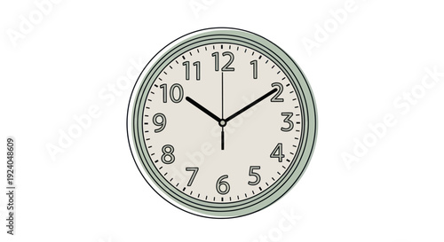 Simple round wall clock with black hands on a light beige background.