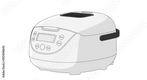 Modern white electric rice cooker with digital display and controls.