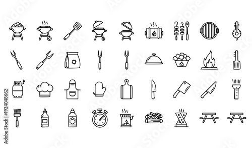 BBQ Grilling Equipment Thin Line Icons 30 Grid Pixel Perfect Vector Set Part 2