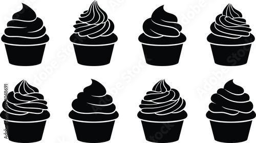 Set of cupcake silhouettes with swirl frosting, black bakery dessert icons isolated on white background, sweet pastry illustration collection for menu and logo design