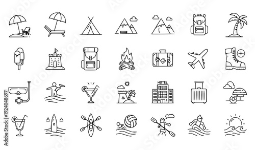 Summer Vacation Icon Pack – Beach, Mountain, Camping, and Tourism Vector Set
