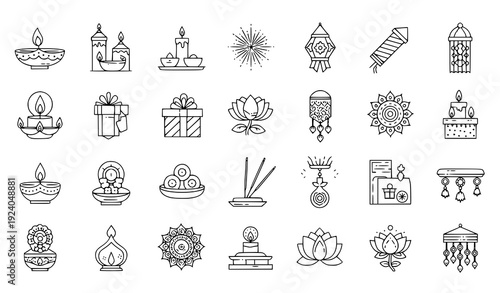 Editable Diwali Vector Icon Collection – 20 Thin Line Festival Elements