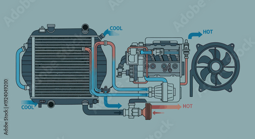 Automotive engine cooling system schematic with hot and cool fluid flow.