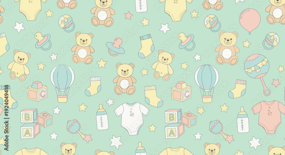 Obraz premium Cute cartoon baby items pattern with teddy bears and rattles