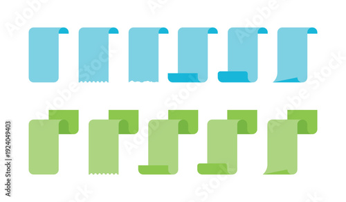 Set of simple ribbon banners and curled paper labels in blue and green. Minimalist flat vector icons for pricing tags, product labels, and web interface elements on white background.