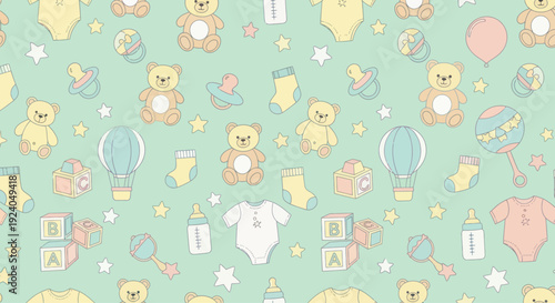 Cute cartoon baby items pattern with teddy bears and rattles