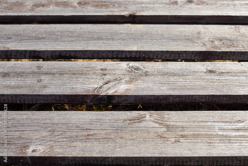 Fototapeta premium Close up of weathered wooden planks with texture and grain on a surface. natural background, wood material, rustic pattern.