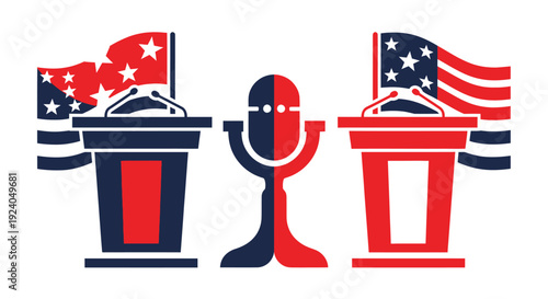 Political debate podiums with microphones and American flag elements representing election