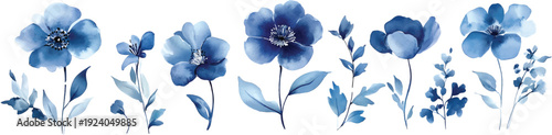 A set of blue flowers, with different types and sizes, in a watercolor style, on a transparent background