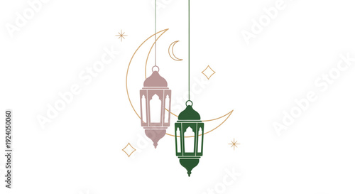 Ramadan Kareem celebration with hanging lanterns and crescent moon