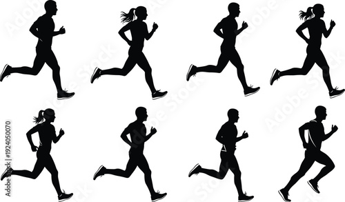 Set of running men and women silhouettes, athletic jogger collection isolated on white background, fitness training, marathon runners, active lifestyle sport illustration