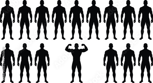 Set of muscular male bodybuilder silhouettes, strong athletic men flexing isolated on white background, fitness bodybuilding poses collection for gym, sport, and training design