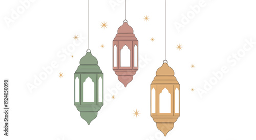 Ramadan Kareem colorful lanterns hang with stars illustration