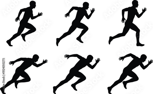 Set of sprinter silhouettes in running poses isolated on white background, athletic track and field sprint action collection for sport and fitness design