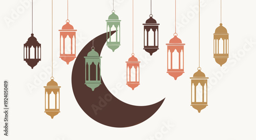 Ramadan Kareem celebration with colorful lanterns and crescent moon