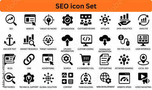 SEO icon set silhouette vector on white background 