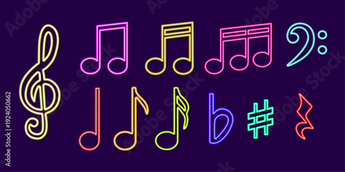 Set of glowing neon music symbols. Collection of colorful neon musical notes, clef signs with realistic light effect. Perfect for music posters, party flyers, DJ events, concert design and modern web 