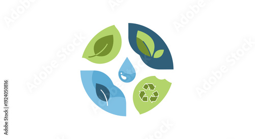 Nature & Sustainability Eco Icon with Water Droplet, Green Leaves, Recycling Symbol