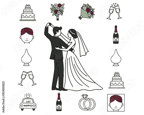 Happy wedding couple celebrating with romantic symbols and decorations