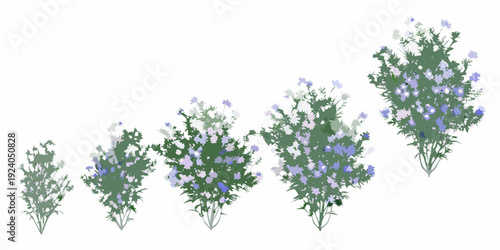 A series of delicate light purple and green floral arrangements