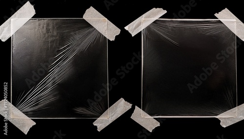vintage square paper torn overlay with tape edge on black background worn and scratch photo corner effect mockup with glued transparent wrinkle scotch line damaged texture for card art design