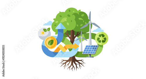 Sustainable Green Energy Ecosystem with Renewable Power Sources & Circular Economy. Solar, Wind, and Recycling for Environmental Protection and Eco-Friendly Future.