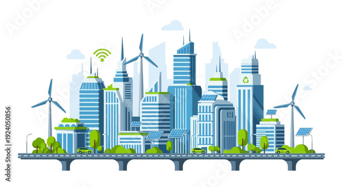 Eco-Friendly Smart City Skyline: Green Urban Landscape with Renewable Energy, Electric Vehicles, and Modern Sustainable Architecture
