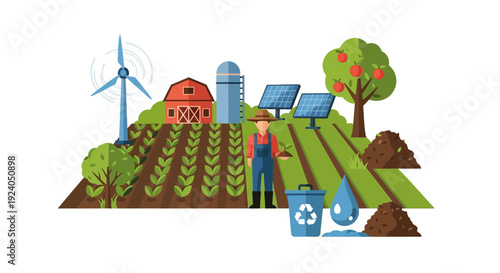 Sustainable Agriculture Farm Ecosystem. Farmer with Crops, Renewable Energy (Solar, Wind), Water & Waste Management. Modern Farming Illustration.
