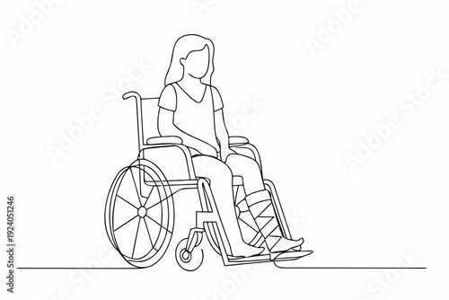 Line drawing of a woman with a broken leg in a wheelchair