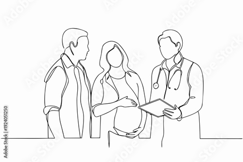 Line art illustration of a pregnant woman with two healthcare professionals