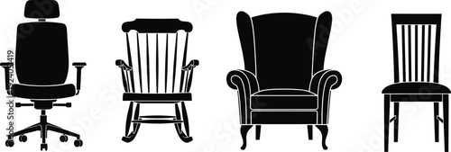 Chair silhouette collection featuring office chair, rocking chair, armchair, and dining chair designs representing furniture styles and interior design conceptsChair silhouette 