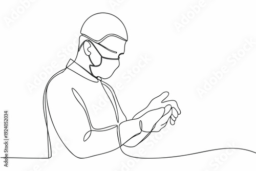 Continuous line drawing of a man wearing a mask and using a phone