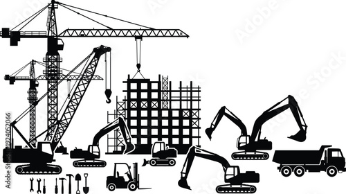 Construction Site Silhouette with Tower Cranes Excavators and Heavy Machinery for Building Development Civil Engineering and Urban Industrial Infrastructure Project