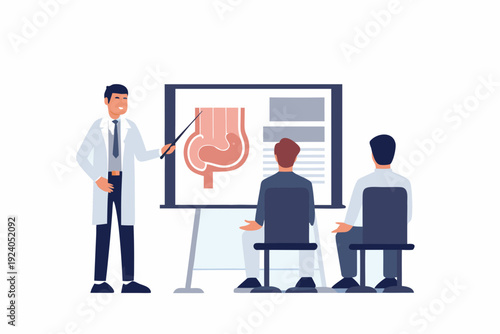 Doctor explaining colon anatomy to colleagues during a medical presentation