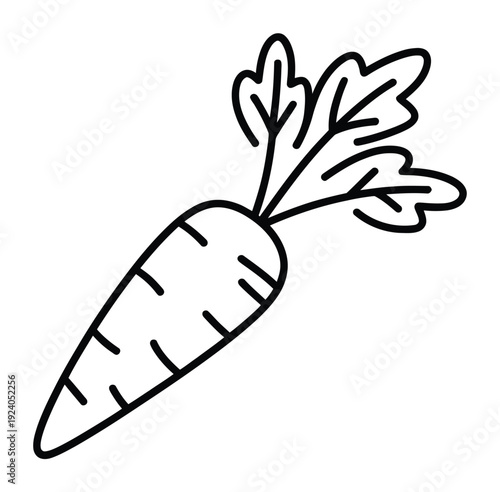 Simple black and white line of a carrot with green leaves