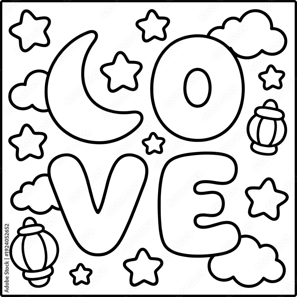 Obraz premium Ramadan love moon and stars doodle coloring page for kids and adults vector illustration