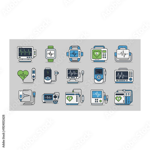 Pixel Art Medical Equipment Icons: ECG, Defibrillator, and Monitor