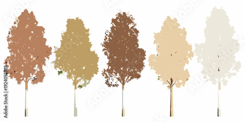 Five stylized trees in varying shades of autumn and winter colors