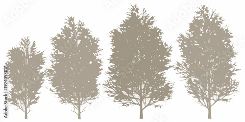 Silhouettes of four coniferous trees against a plain white background