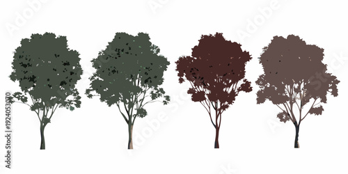 Four stylized trees in varying autumnal shades against a white background