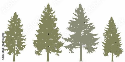 Four stylized evergreen trees in varying shades of green are shown