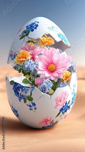 A white egg with flowers painted on it is sitting on a sandy surface. The flowers are a mix of pink, yellow, and blue, and they are arranged in a way that makes the egg look like it's cracked open