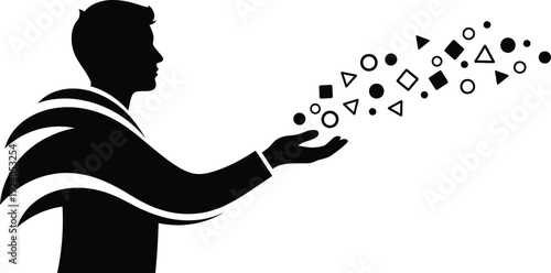 Silhouette of a man blowing poker cards and symbols into the air