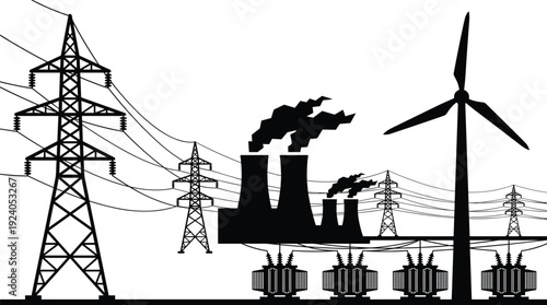 Electric power generation and renewable energy infrastructure silhouette featuring transmission towers, power plant, transformers and wind turbine representing modern electricity system