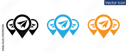 Vibrant location pin icons in black, blue, and orange for navigation and mapping purposes