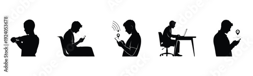 Five black silhouettes of people performing various yoga poses in a row