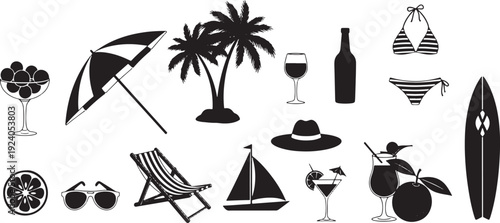 Black silhouettes of beach and summer vacation objects