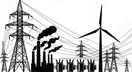 Electric power industry and renewable energy infrastructure silhouette with transmission towers, transformers, wind turbine and industrial power plant electricity network concept