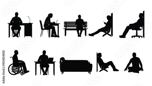 Silhouette icons of people sitting in various positions and furniture isolated on white background, Vector